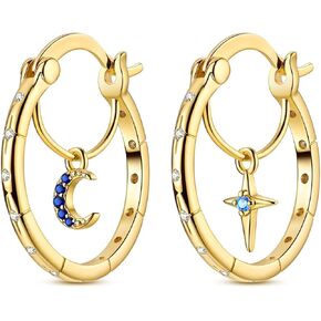 Hapour Sterling Silver Cubic Zirconia Hoop Earrings for Women Teen, Hypoallergenic Rhinestone Huggies Earrings Sparkly Crystal Moon Star Hoops in Saudi Arabia