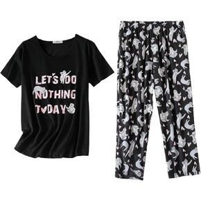 Womens Cotton Pajama Sets 2 Piece Capri Pants with Short Sleeved Pjs Set for Women Lightweight All Season Pajamas in Saudi Arabia