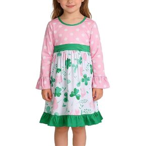 St Patrick Toddler Girl Dress Green Clover Print Ruffle Bottom Long Sleeve Casual Dress 3-8Y in Saudi Arabia