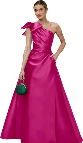 Satin Prom Dresses with Bow Mother of The Bride Dresses with Pocket Formal Wedding Guest Dress in Saudi Arabia