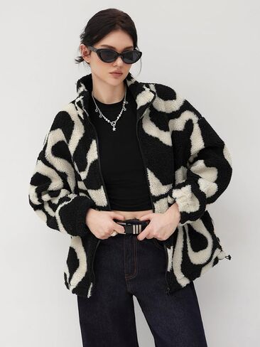 معطف شتوي كبير الحجم مطبوع بسحّاب للنساء من CIDER Fleece للنساء، ملابس خارجية دافئة، سترة غامضة in Kuwait