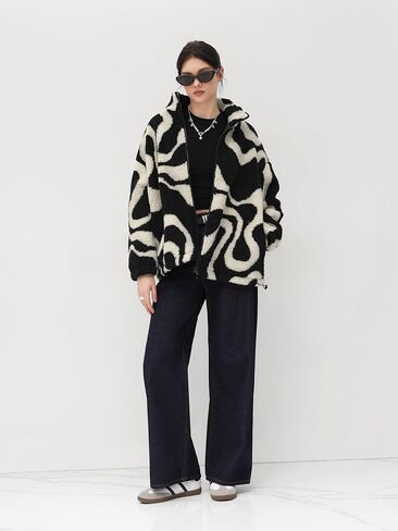 معطف شتوي كبير الحجم مطبوع بسحّاب للنساء من CIDER Fleece للنساء، ملابس خارجية دافئة، سترة غامضة in Kuwait