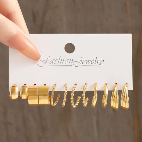 Women's Gold Earring Set - Metal Hoop & Square Geometric Design Multiple Styles Jewelry in Saudi Arabia