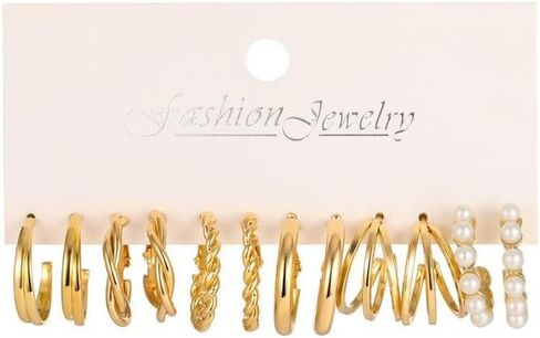 Women's Gold Earring Set - Metal Hoop & Square Geometric Design Multiple Styles Jewelry in Saudi Arabia
