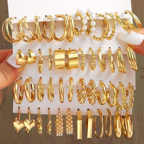 Women's Gold Earring Set - Metal Hoop & Square Geometric Design Multiple Styles Jewelry in Saudi Arabia