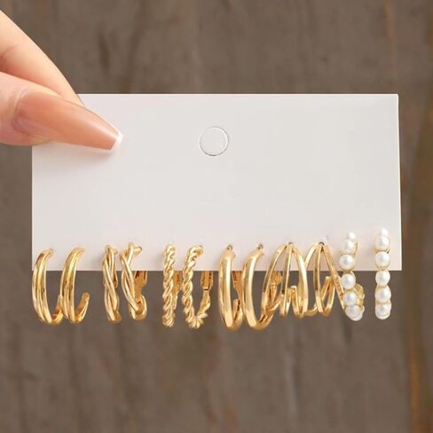 Women's Gold Earring Set - Metal Hoop & Square Geometric Design Multiple Styles Jewelry in Saudi Arabia