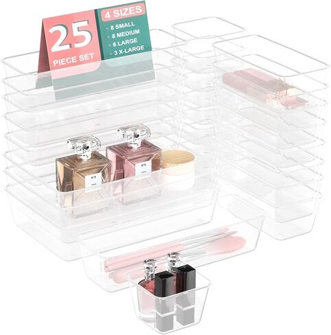 25 PCS Plastic Drawer Organizer Set, 4-size Clear Bathroom and Vanity Desk Drawer Organizer Trays, Non-Slip Versatile Storage Bins for Makeup Jewelry Office Kitchen Gadgets in Saudi Arabia