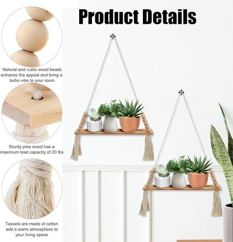 2 جهاز كمبيوتر شخصى رفوف خشبية معلقة على الحائط، رف نبات معلق من Macrame مع شرابة، أرفف تخزين بوهو العائمة مصنوعة يدويًا من شماعات ريفية حامل حامل وعاء لغرفة النوم وغرفة المعيشة وغرفة المعيشة in Kuwait
