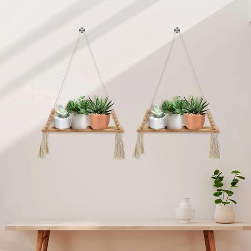 2 جهاز كمبيوتر شخصى رفوف خشبية معلقة على الحائط، رف نبات معلق من Macrame مع شرابة، أرفف تخزين بوهو العائمة مصنوعة يدويًا من شماعات ريفية حامل حامل وعاء لغرفة النوم وغرفة المعيشة وغرفة المعيشة in Kuwait