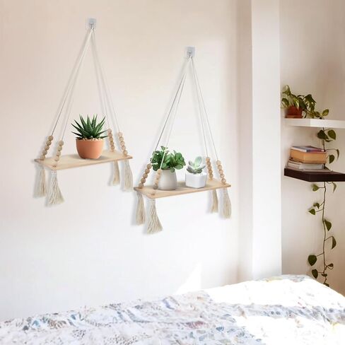 2 جهاز كمبيوتر شخصى رفوف خشبية معلقة على الحائط، رف نبات معلق من Macrame مع شرابة، أرفف تخزين بوهو العائمة مصنوعة يدويًا من شماعات ريفية حامل حامل وعاء لغرفة النوم وغرفة المعيشة وغرفة المعيشة in Kuwait