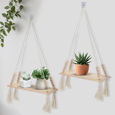 2 جهاز كمبيوتر شخصى رفوف خشبية معلقة على الحائط، رف نبات معلق من Macrame مع شرابة، أرفف تخزين بوهو العائمة مصنوعة يدويًا من شماعات ريفية حامل حامل وعاء لغرفة النوم وغرفة المعيشة وغرفة المعيشة in Kuwait