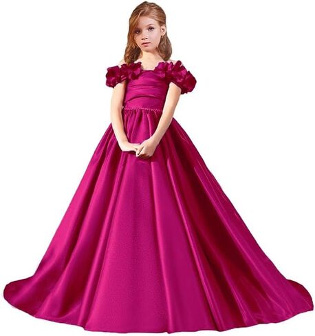 Girls Satin Flower Girl Dresses Off Shoulder Pageant Dress Beaded 3D Floral Ball Gown with Pockets for Kids in Saudi Arabia