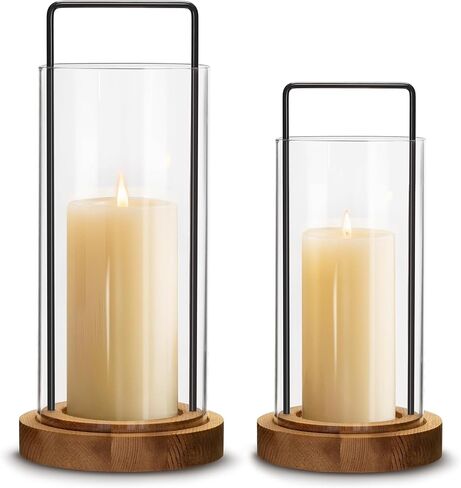 Houmury Set of 2 Hurricane Candle Holders Lantern 12" & 10"with Wood Base Metal Handle Glass Cylinder Modern Farmhouse Decor for Home Decoration, Table Centerpieces in Saudi Arabia