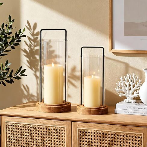 Houmury Set of 2 Hurricane Candle Holders Lantern 12" & 10"with Wood Base Metal Handle Glass Cylinder Modern Farmhouse Decor for Home Decoration, Table Centerpieces in Saudi Arabia