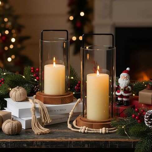 Houmury Set of 2 Hurricane Candle Holders Lantern 12" & 10"with Wood Base Metal Handle Glass Cylinder Modern Farmhouse Decor for Home Decoration, Table Centerpieces in Saudi Arabia