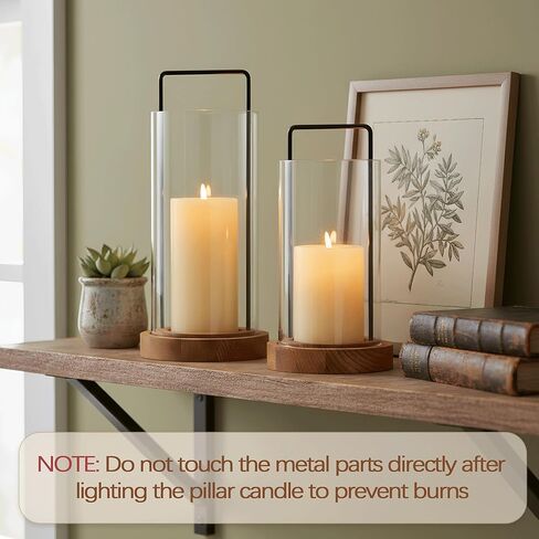 Houmury Set of 2 Hurricane Candle Holders Lantern 12" & 10"with Wood Base Metal Handle Glass Cylinder Modern Farmhouse Decor for Home Decoration, Table Centerpieces in Saudi Arabia