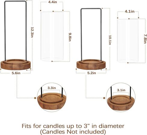 Houmury Set of 2 Hurricane Candle Holders Lantern 12" & 10"with Wood Base Metal Handle Glass Cylinder Modern Farmhouse Decor for Home Decoration, Table Centerpieces in Saudi Arabia