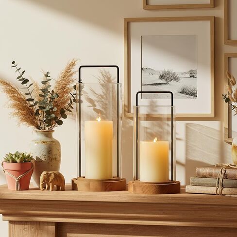 Houmury Set of 2 Hurricane Candle Holders Lantern 12" & 10"with Wood Base Metal Handle Glass Cylinder Modern Farmhouse Decor for Home Decoration, Table Centerpieces in Saudi Arabia