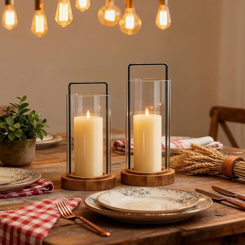 Houmury Set of 2 Hurricane Candle Holders Lantern 12" & 10"with Wood Base Metal Handle Glass Cylinder Modern Farmhouse Decor for Home Decoration, Table Centerpieces in Saudi Arabia