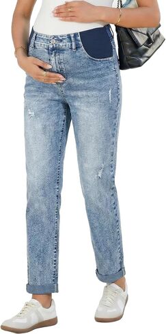 BLENCOT Women Maternity Jeans Elastic Waist Skinny Cuffed Ripped Pregnancy Cropped Pants in Saudi Arabia