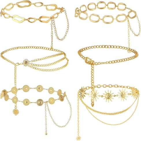 6 Pcs Gold Silver Waist Chain Belt for Women Multi Layer Sun Metal Adjustable Body Belly Chain for Jean Dress in Saudi Arabia