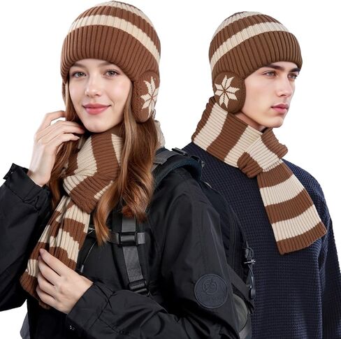 Winter Beanie Hat Scarf Set for Women and Men Warm Knitted Fleece Lined Hat with Earflaps in Saudi Arabia