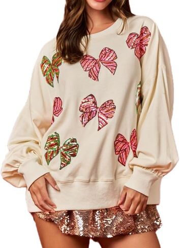 Women Christmas Sequin Oversized Sweatshirt Cute Funny Bow Graphic Pullover Long Sleeve Crewneck Xmas Shirt Top in Saudi Arabia