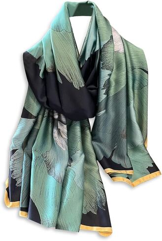 Silk Scarf Women Floral leaf print Fashion Elegant Style Long Scarf Soft Warm Shawl Wrap Sunscreen Shawl All Season in Kuwait