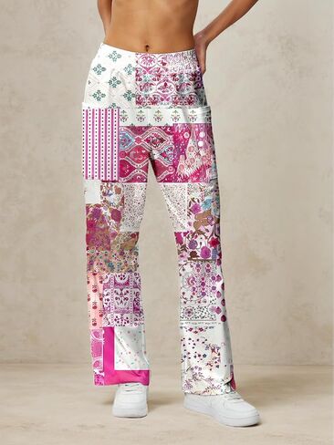 Women Casual Print Pants, Wide Leg Elastic Wide Long Lounge, Trendy Trousers Printed Loose Fit with Pocket in Saudi Arabia