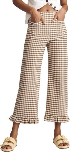 Acelitt Women's Gingham Pants Summer Casual Elastic Waist Straight Leg Ruffle Hem Stretchy Cropped Trousers with Pockets in Saudi Arabia