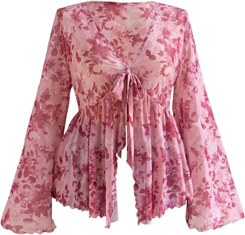 OYOANGLE Women's Plus Size Floral Bell Sleeve Ruffle Blouse 70s Tie Front Peplum Flare Sheer Tops in Saudi Arabia