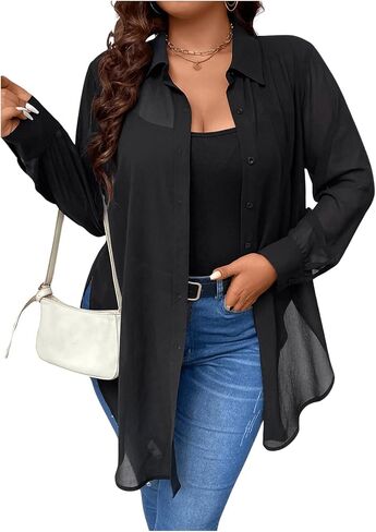 بلوزة نسائية من OYOANGLE بمقاس كبير شفاف وأزرار سفلية وأكمام طويلة ورقبة بياقة in Saudi Arabia