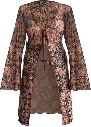 OYOANGLE Women's Plus Size Paisley Print Bell Sleeve Blouse V Neck Tie Front Split Hem Boho Hippie Mesh Tops in Saudi Arabia