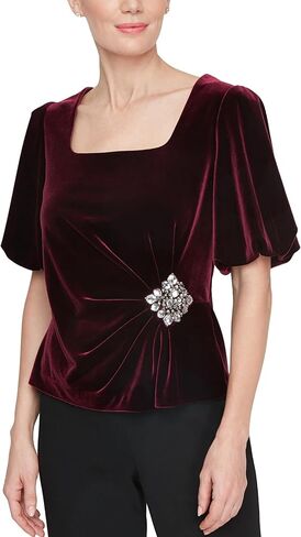Alex Evenings Womens Velvet Square Neck Blouse with Puff Sleeve and Embellished Detail in Saudi Arabia