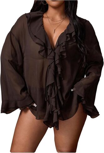 GORGLITTER Women's Plus Size Bell Sleeve Tie Front Top Ruffle Mesh Sheer Going Out Blouse in Saudi Arabia