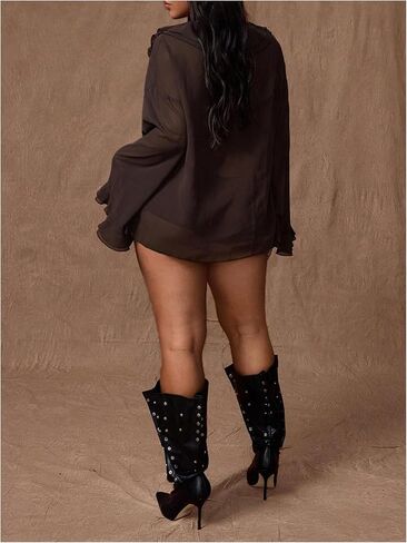 GORGLITTER Women's Plus Size Bell Sleeve Tie Front Top Ruffle Mesh Sheer Going Out Blouse in Saudi Arabia