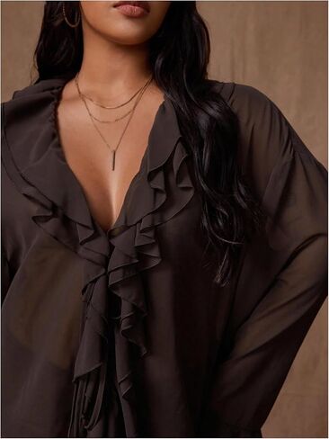 GORGLITTER Women's Plus Size Bell Sleeve Tie Front Top Ruffle Mesh Sheer Going Out Blouse in Saudi Arabia