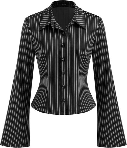 CIDER Womens Striped Button Down Shirt Bell Long Sleeve Crop Top Y2K Office Casual Trendy Outfit in Saudi Arabia