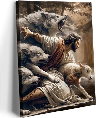 Jesus and Lamb Canvas Wall Art Jesus Saves The Lost Lamb Picture Wall Decor God Protect A sheep From Wolves Painting Print Christian Poster Artwork for Living Room Bedroom Church（12x16in Canvas） in Saudi Arabia