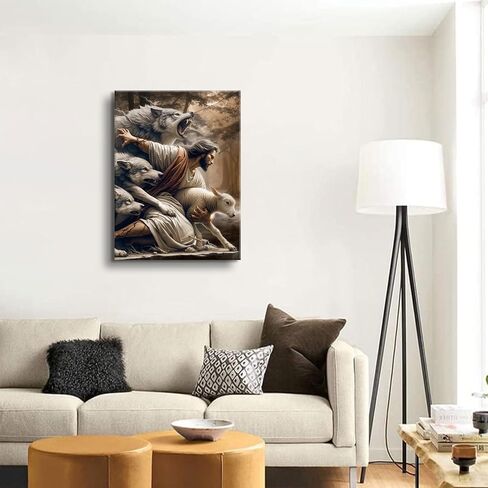 Jesus and Lamb Canvas Wall Art Jesus Saves The Lost Lamb Picture Wall Decor God Protect A sheep From Wolves Painting Print Christian Poster Artwork for Living Room Bedroom Church（12x16in Canvas） in Saudi Arabia