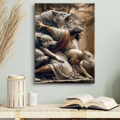 Jesus and Lamb Canvas Wall Art Jesus Saves The Lost Lamb Picture Wall Decor God Protect A sheep From Wolves Painting Print Christian Poster Artwork for Living Room Bedroom Church（12x16in Canvas） in Saudi Arabia