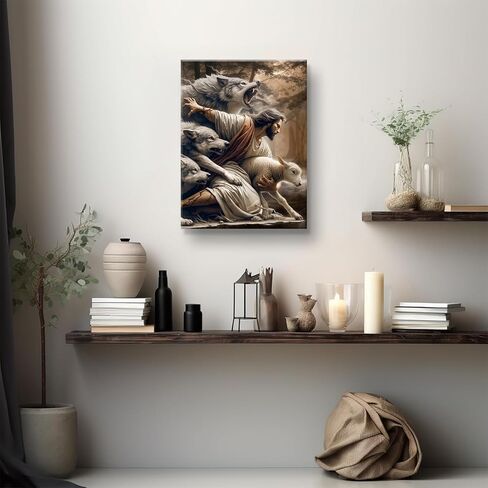 Jesus and Lamb Canvas Wall Art Jesus Saves The Lost Lamb Picture Wall Decor God Protect A sheep From Wolves Painting Print Christian Poster Artwork for Living Room Bedroom Church（12x16in Canvas） in Saudi Arabia