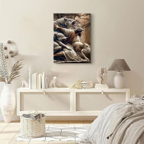 Jesus and Lamb Canvas Wall Art Jesus Saves The Lost Lamb Picture Wall Decor God Protect A sheep From Wolves Painting Print Christian Poster Artwork for Living Room Bedroom Church（12x16in Canvas） in Saudi Arabia