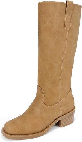 Women's Knee High Boots Square Toe Side Zipper Comfortable Block Low Heel Fall Long Tall Boot in Saudi Arabia