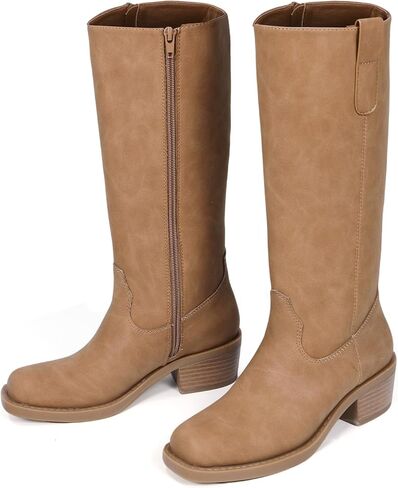 Women's Knee High Boots Square Toe Side Zipper Comfortable Block Low Heel Fall Long Tall Boot in Saudi Arabia