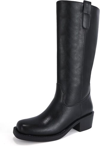 Women's Knee High Boots Square Toe Side Zipper Comfortable Block Low Heel Fall Long Tall Boot in Saudi Arabia