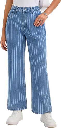 Women Striped Jeans High Rise Zipper Fly Trousers Straight Leg Denim Pants in Saudi Arabia