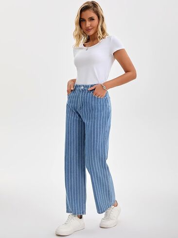 Women Striped Jeans High Rise Zipper Fly Trousers Straight Leg Denim Pants in Saudi Arabia