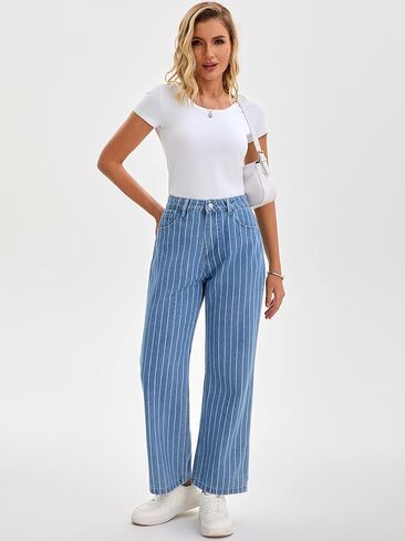 Women Striped Jeans High Rise Zipper Fly Trousers Straight Leg Denim Pants in Saudi Arabia