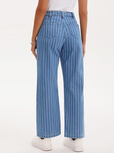 Women Striped Jeans High Rise Zipper Fly Trousers Straight Leg Denim Pants in Saudi Arabia